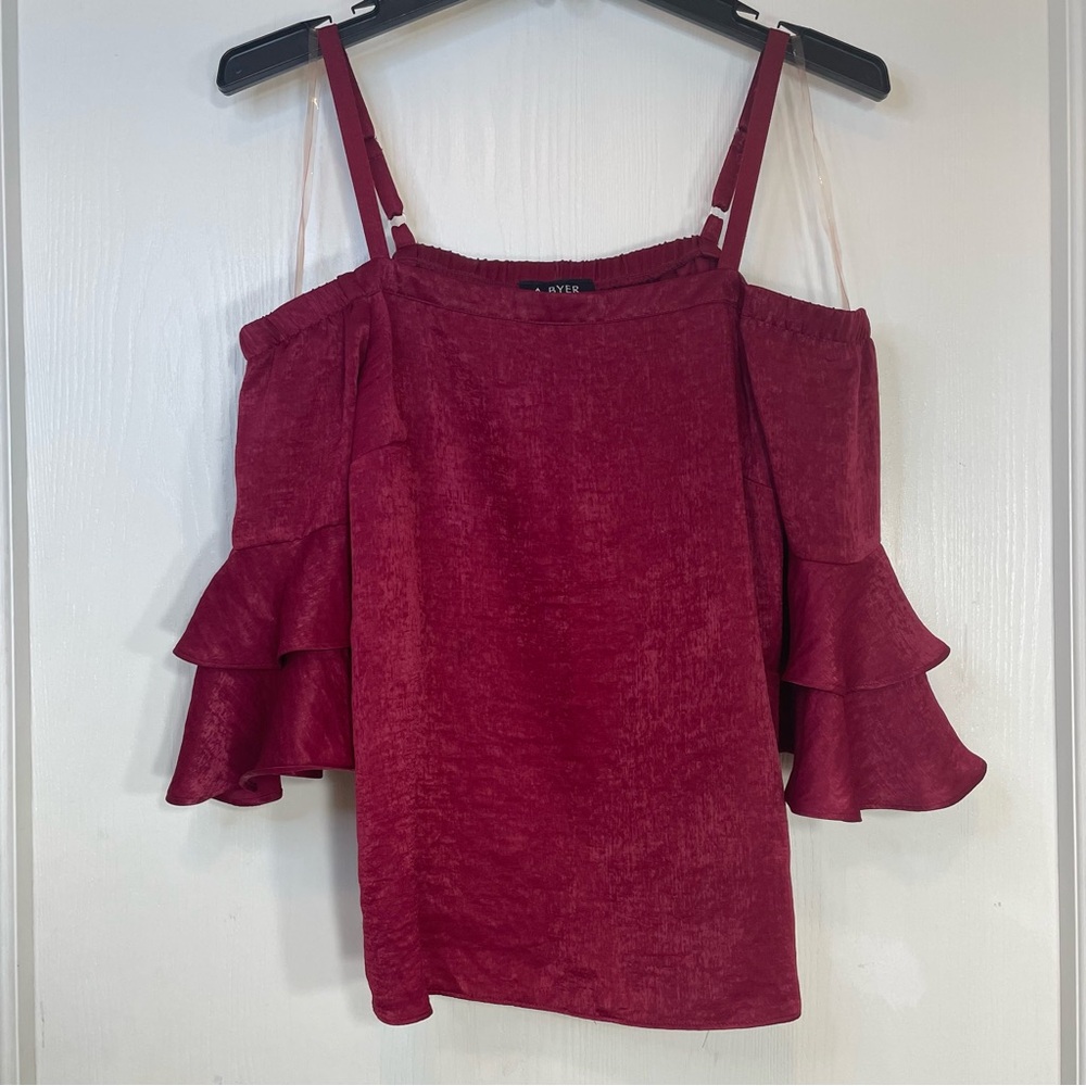 A. Byer Women's Off The Shoulder Double Ruffle Sleeve Satin Top, Red, M